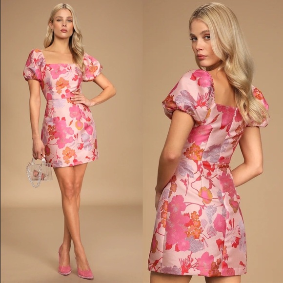 Lulus Dresses & Skirts - NWT LULUS So Stunning Light Pink Floral Jacquard Puff Sleeve Mini Dress Medium